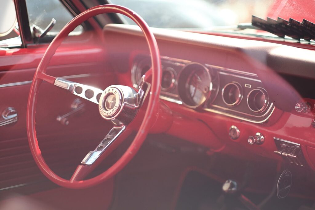 car, steering wheel, odometer, interior, car interior, red car, ford, mustang, classic, oldtimer, auto, usa, retro, car wallpapers, nostalgia